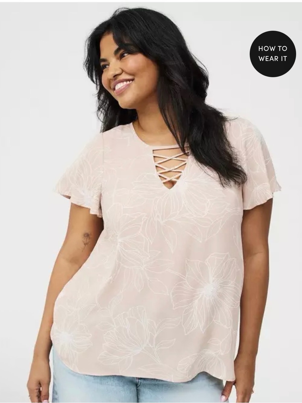 🛫 Torrid Georgette lattice Ruffle Sleeve Top size 1 nwt